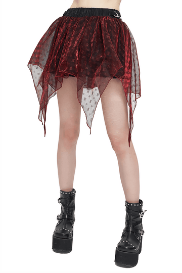 Wine Red Irregular Layered Mesh Skirt for Women